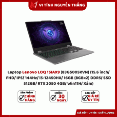 Laptop Lenovo LOQ 15IAX9 (83GS005KVN) (15.6 inch/ FHD/ IPS/ 144Hz/ i5-12450HX/ 16GB (8GBx2) DDR5/ SSD 512GB/ RTX 2050 4GB/ Win11H/ Xám)
