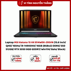 Laptop MSI Katana 15 HX B14WEK-295VN (15.6 inch/ QHD/ 165Hz/ i9-14900HX/ 16GB (8GBx2) DDR5/ SSD 512GB/ RTX 5050 8GB GDDR7/ Win11H/ Balo/ Black)