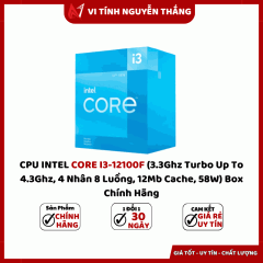 CPU INTEL CORE I3-12100F (3.3Ghz Turbo Up To 4.3Ghz, 4 Nhân 8 Luồng, 12Mb Cache, 58W) Box Chính Hãng