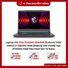 Laptop MSI Thin 15 B13UC-2044VN (15.6inch/ FHD/ 144Hz/ i7-13620H/ 16GB (8GBx2)/ SSD 512GB/ Vga RTX3050 4GB/ Màu Xám/ Win 11/ Balo)